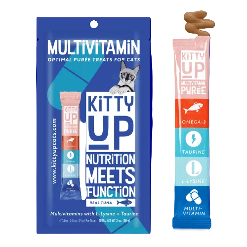 Kitty Up Multivitamin Optimal Purée treats for cats packaging with a single tube and a swirl of purée on a blue background.