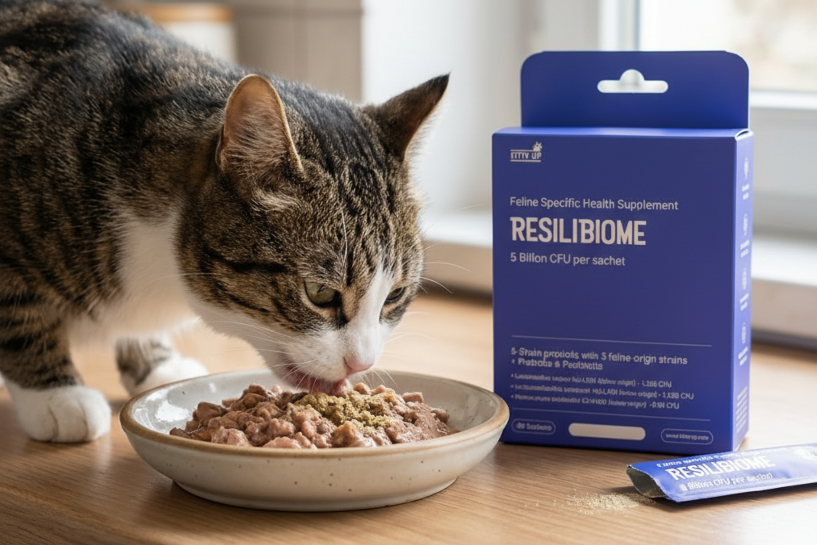 Cat eating from a bowl with a ResilibioME supplement package on a wooden surface.