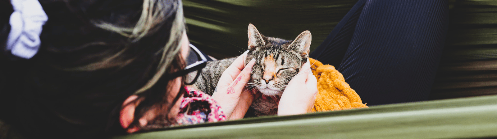 A tabby cat with a blanket covering it's body sitting with a woman on a hammock.