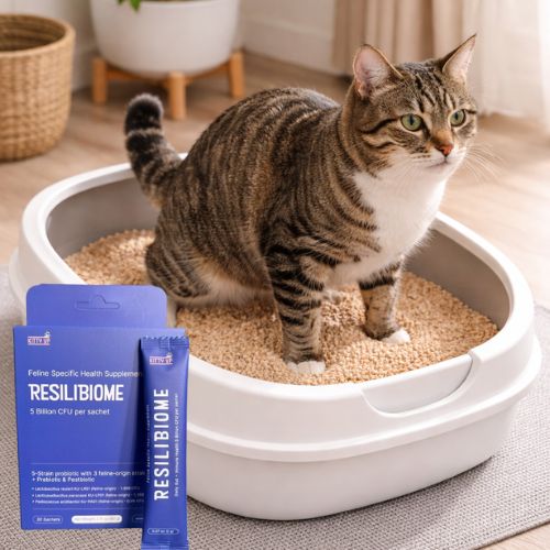 Tabby cat standing in a litter box with Kitty Up ResiliBiome probiotic box and sachet shown in the corner.