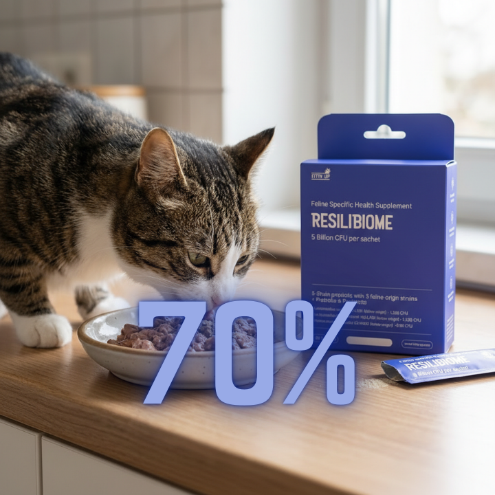 Cat eating from a bowl beside Kitty Up ResiliBiome probiotic box and sachets on a kitchen counter, with “70%” text overlay.