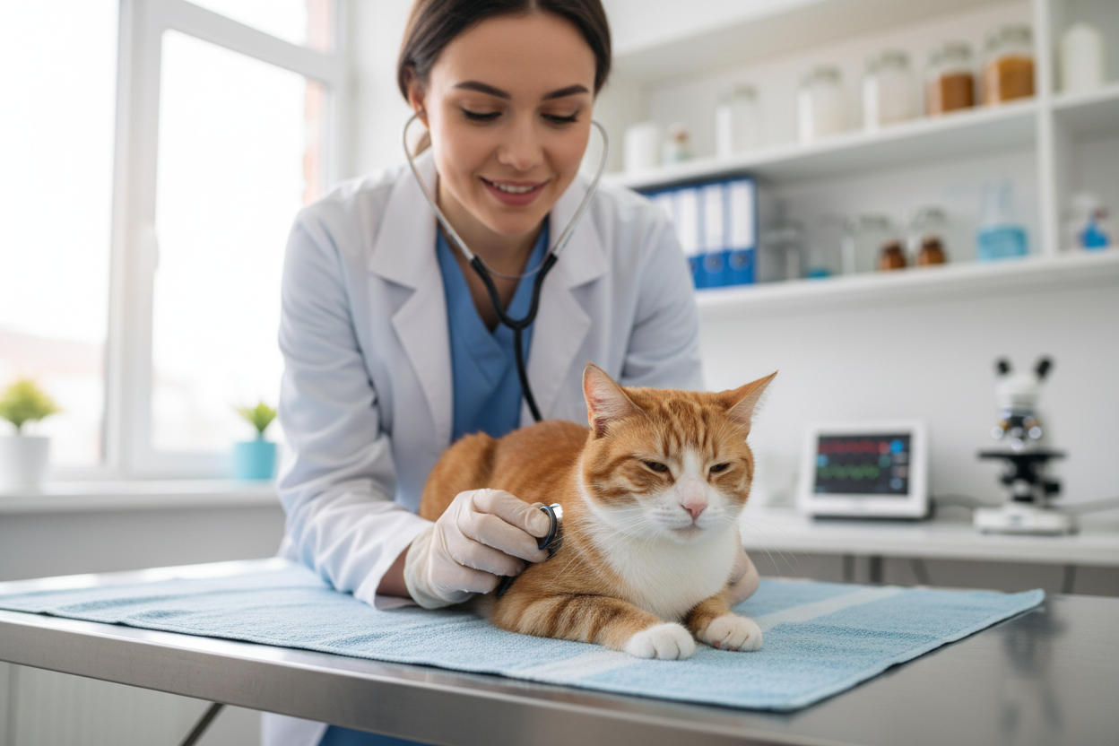 Veterinarian in a clinic checking an orange-and-white cat on a blue mat during a wellness exam.