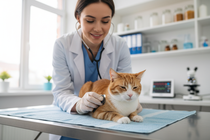 Veterinarian in a clinic checking an orange-and-white cat on a blue mat during a wellness exam.