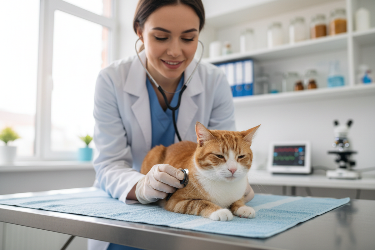 Veterinarian in a clinic checking an orange-and-white cat on a blue mat during a wellness exam.