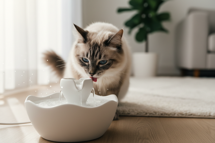 Siamese cat drinking water from a white ceramic fountain.