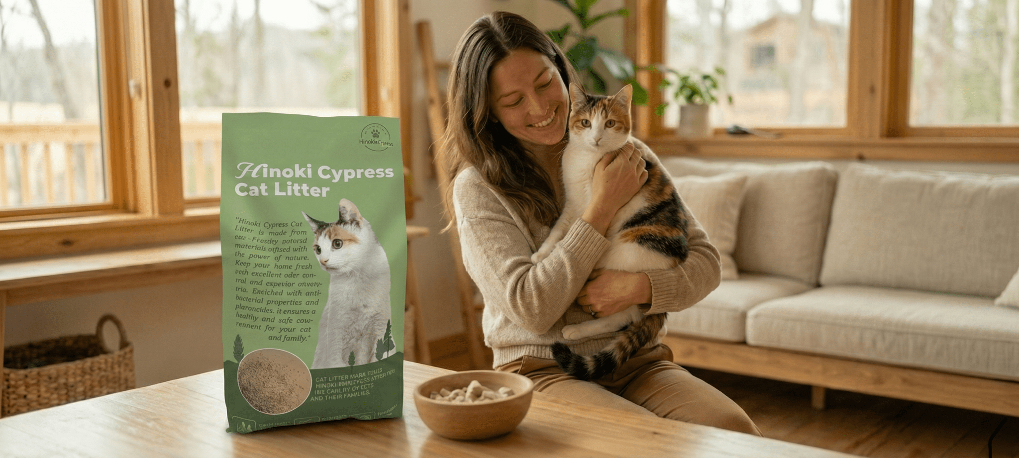 Woman holding a cat at a table with a bag of Hinoki Cypress Cat Litter and a bowl of litter in a sunlit living room.