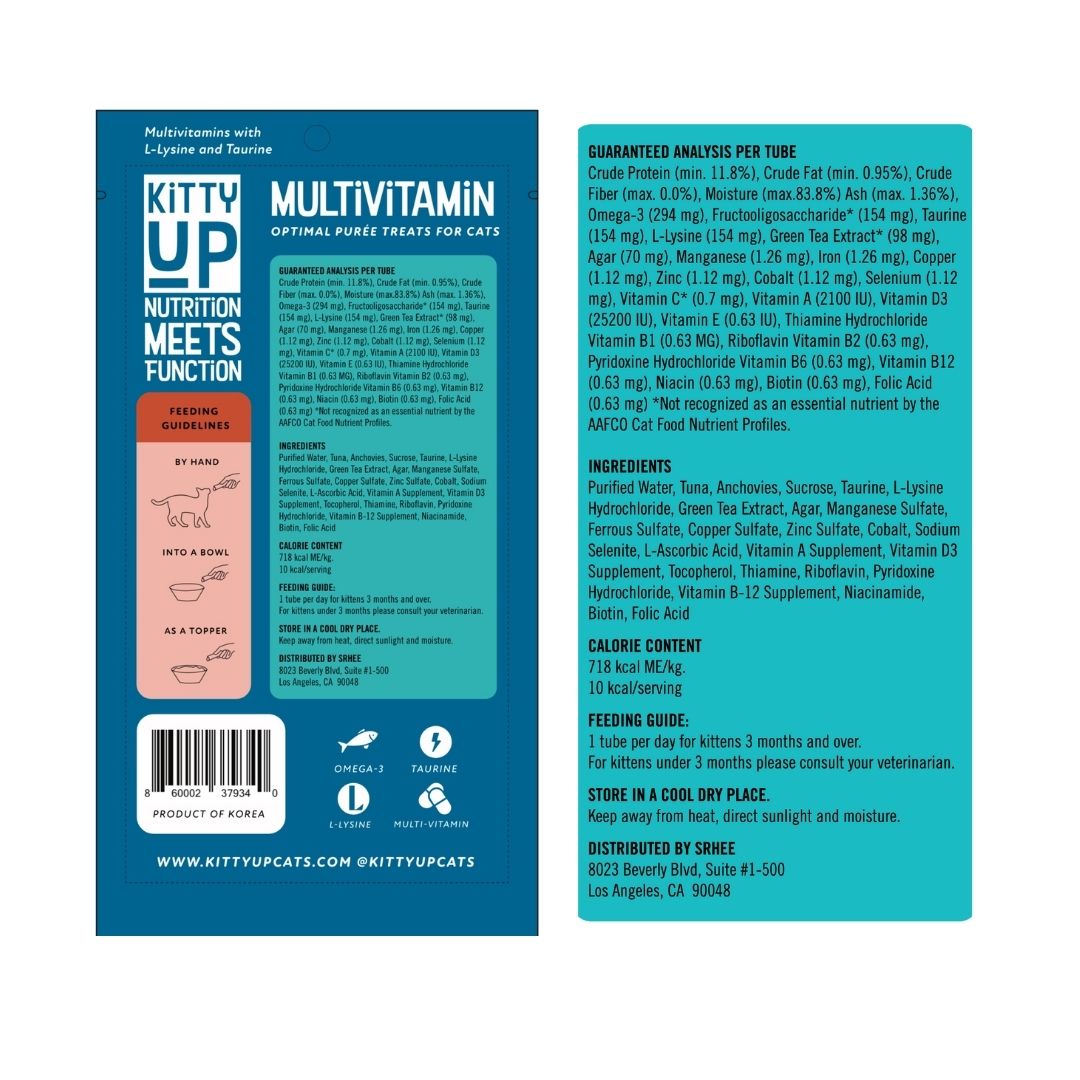 The back of the Kitty Up Multivitamin Pouch with the ingredients.