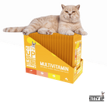 Image of Multivitamin Chicken box with 20 Pouch and a tan cat sitting on top of the Box.