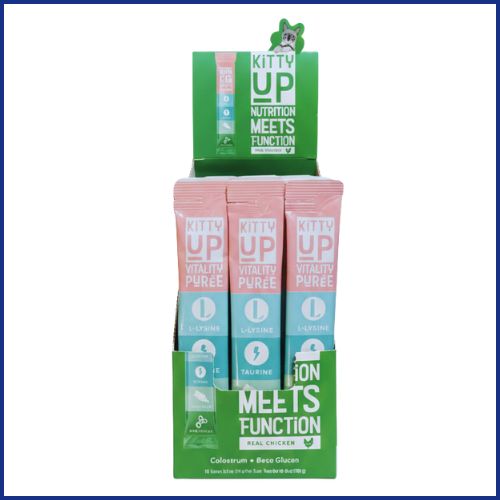 Kitty Up Vitality Purée display box (Real Chicken) with three individual tubes shown in the front.