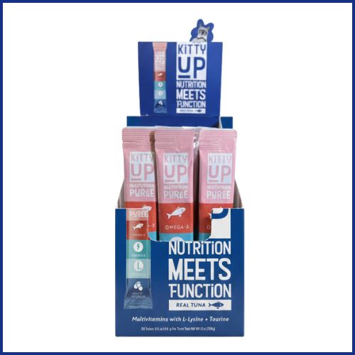 Display of Kitty Up Multivitamin purees with blue and pink packaging.