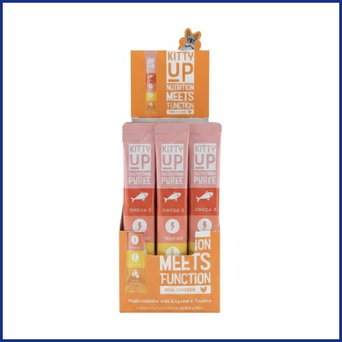 Display of Kitty Up pet food purees with a white background