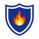 Blue shield with a red and yellow flame in the center on a white background