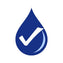 Blue droplet icon with a white check mark on a white background