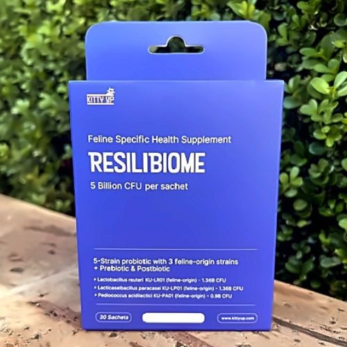 Blue package of Resilibiome Cat Probiotic.