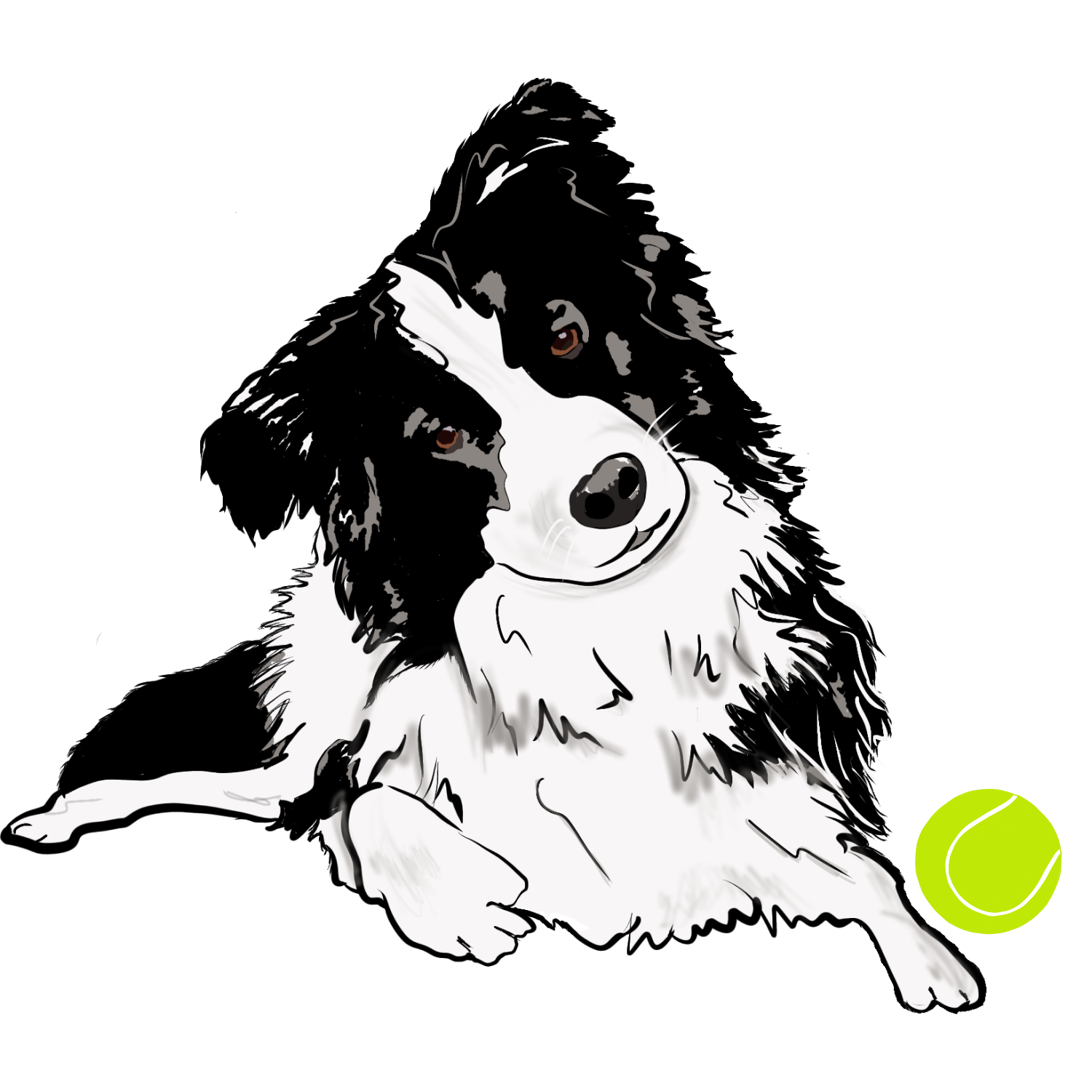 Logo of a black and white dog with a tennis ball next to it.