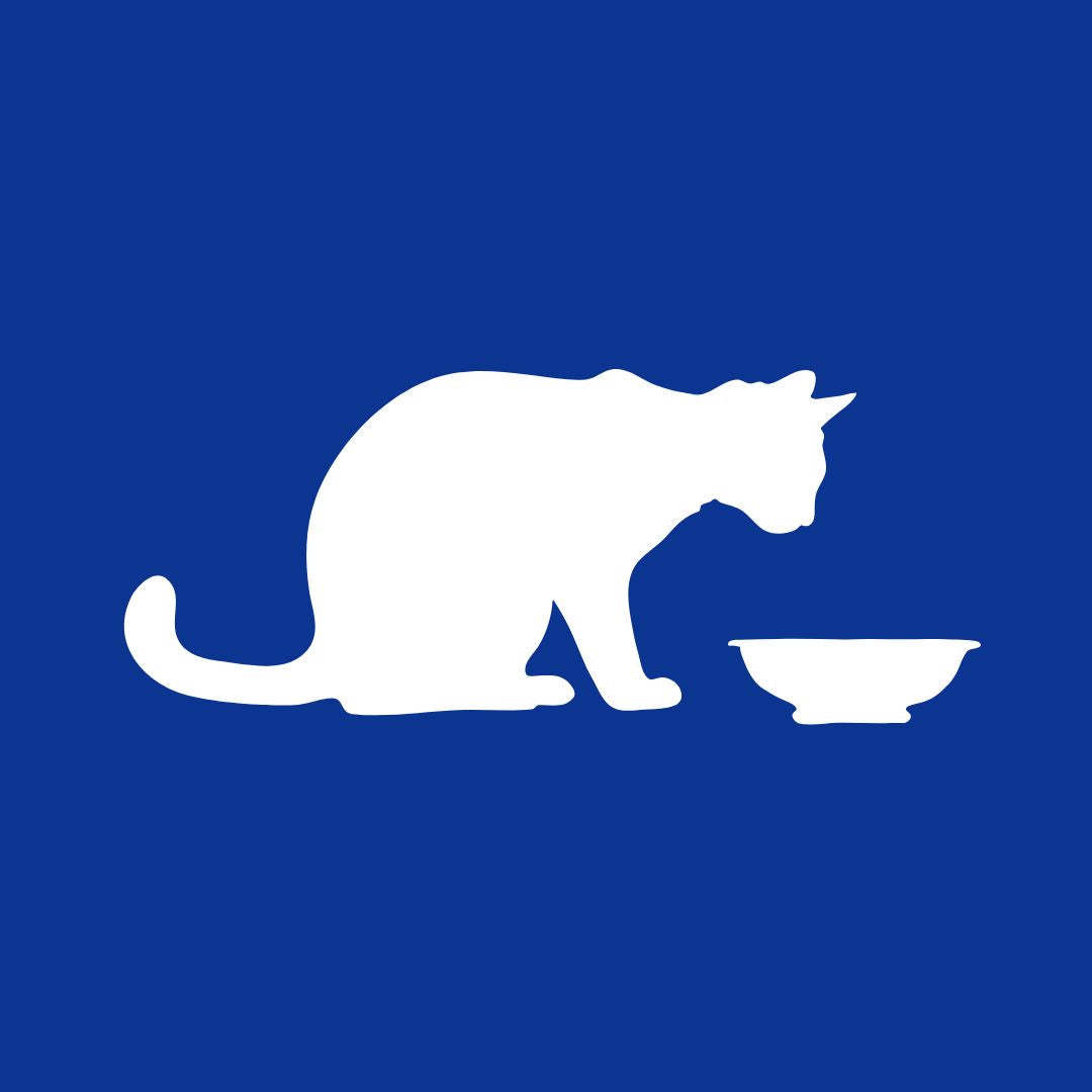 A graphic white image of a cat sitting down with a bowl in the front.