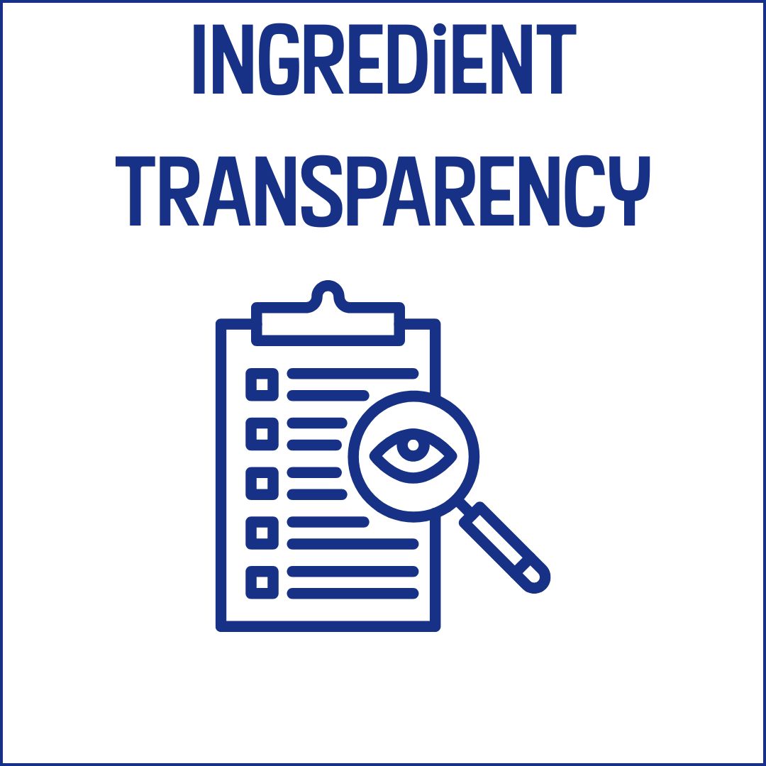 Ingredient transparency concept with a clipboard and magnifying glass icon on a white background.