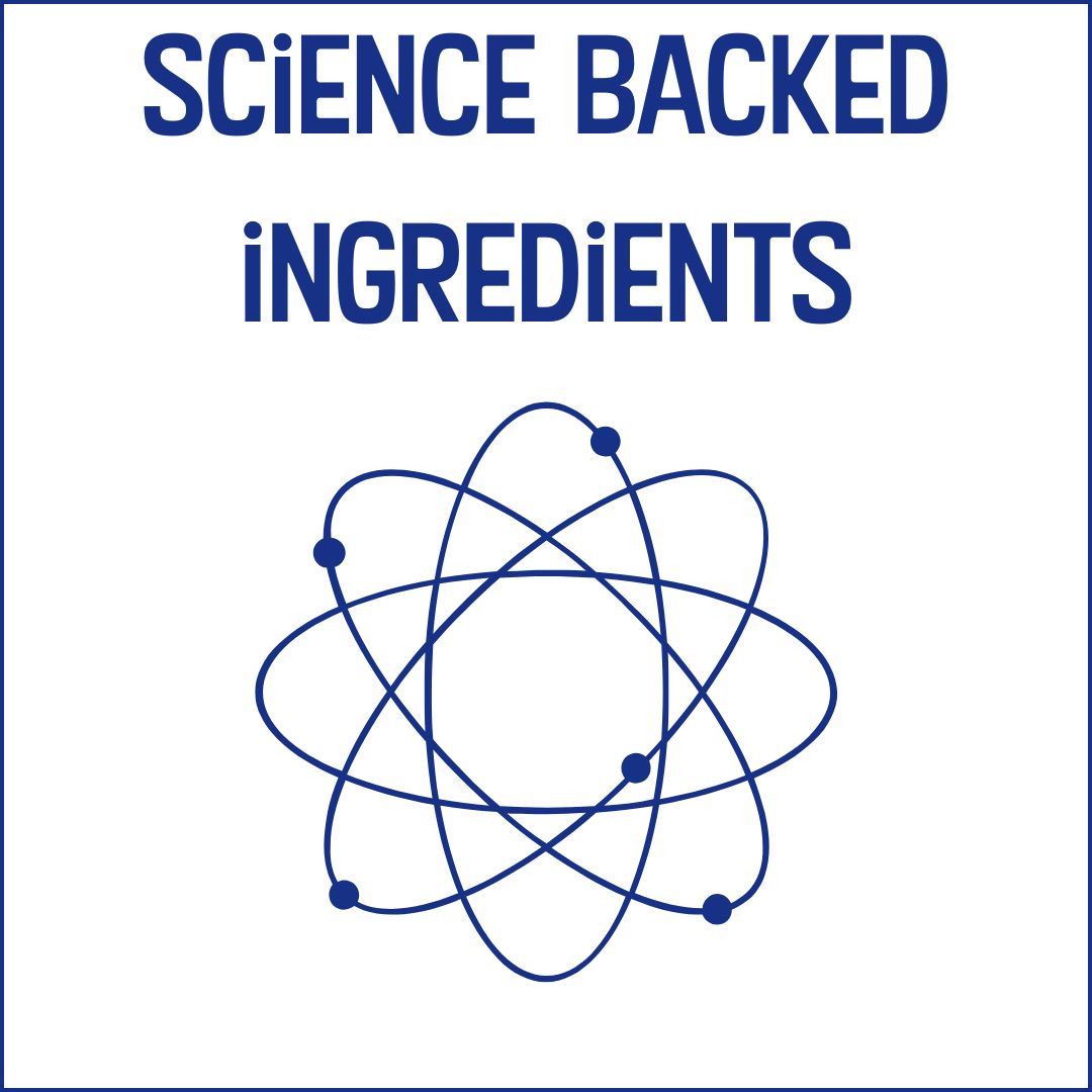 Logo with 'Science Backed Ingredients' text and an atom symbol on a white background