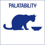 Blue silhouette of a cat with a bowl on a white background with 'PALATABILITY' text.