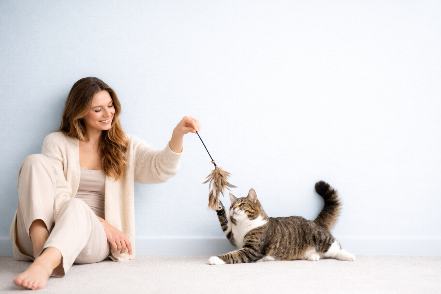 Woman playing with a cat using a feather toy against a light blue wall.