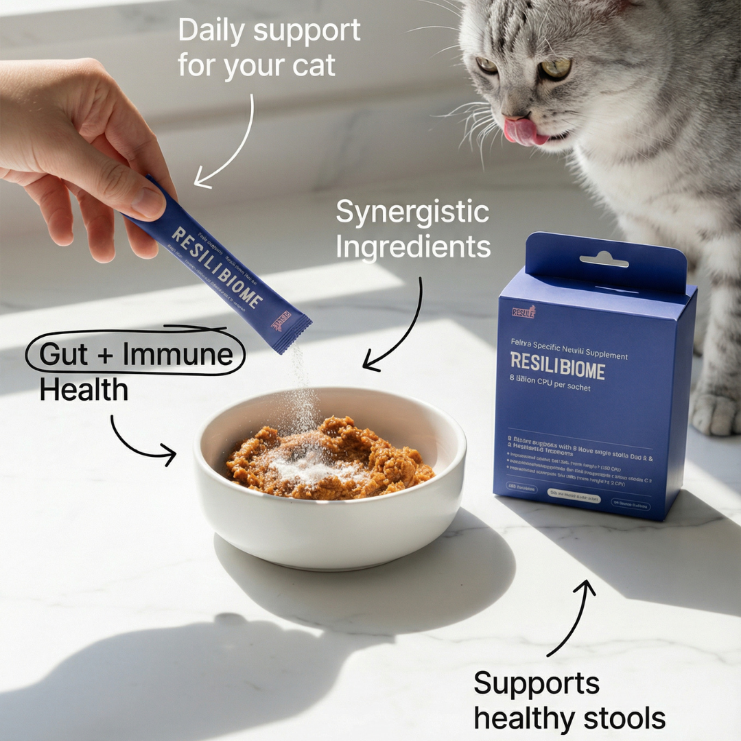 Hand sprinkling ResiliBiome probiotic powder onto wet cat food beside the ResiliBiome box while a cat watches. Callouts highlight daily support, gut and immune health, synergistic ingredients, and support for healthy stools.