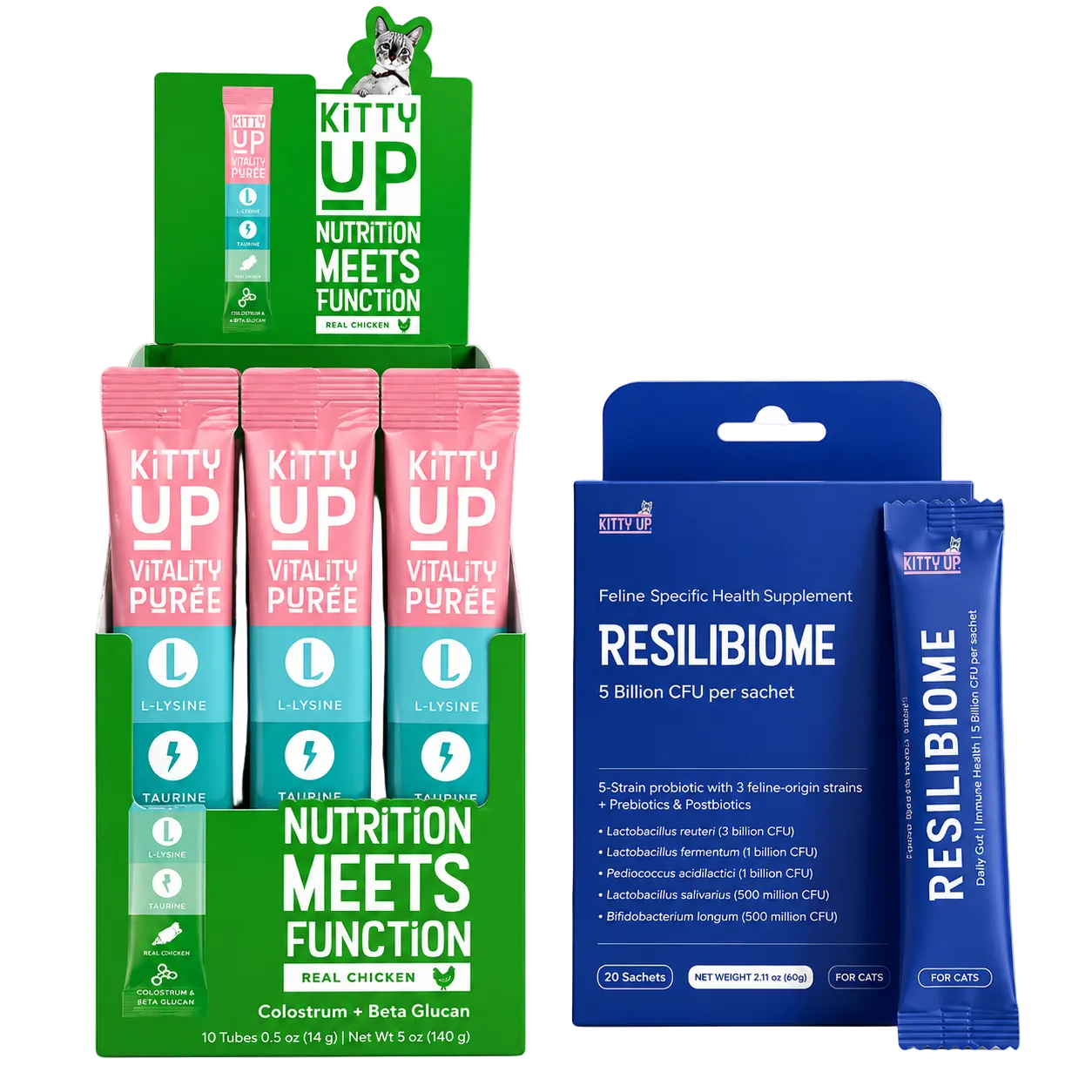 Kitty Up pet supplement packaging on a white background, showing a green and pink display stand with colorful sachets and a blue Resilibiome Feline Specific Health Supplement packet.