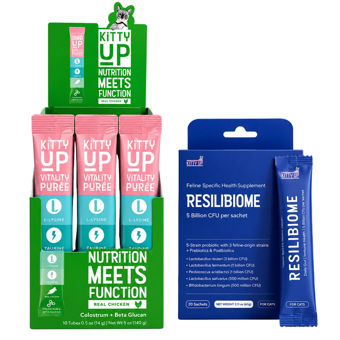 Kitty Up pet supplement packaging on a white background, showing a green and pink display stand with colorful sachets and a blue Resilibiome Feline Specific Health Supplement packet.