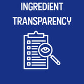 Graphic reading “Ingredient Transparency” with a checklist and magnifying glass icon.