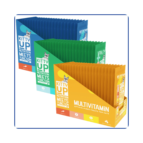 Kitty Up Multivitamin display boxes (Real Tuna and Real Chicken) and a Kitty Up Vitality display box.