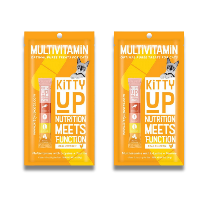 Two identical orange packages of Kitty Up Multivitamin puree treats for cats, displayed side by side on a white background.