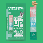 Kitty Up Vitality Optimal Purée treats for cats shown as a pouch and single tube on a green background.