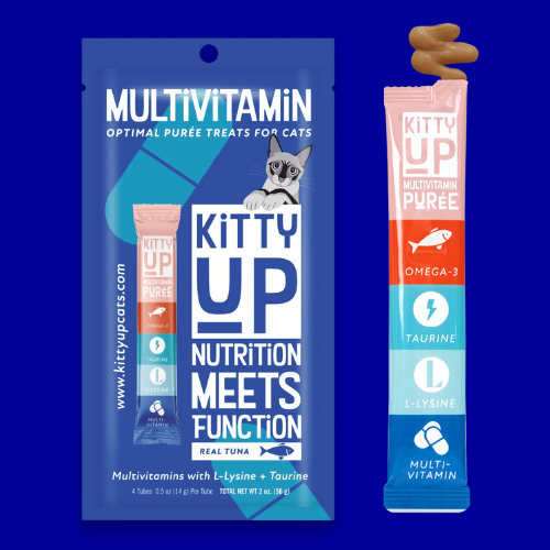 Kitty Up multivitamin puree in tuna treats for cats shown as a pouch and single tube on a blue background.