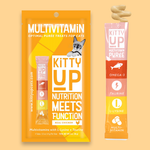 Kitty Up Multivitamin Chicken Purée treats for cats shown as a pouch and single tube on a peach background.