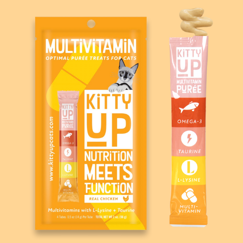 Kitty Up Multivitamin Chicken Purée treats for cats shown as a pouch and single tube on a peach background.