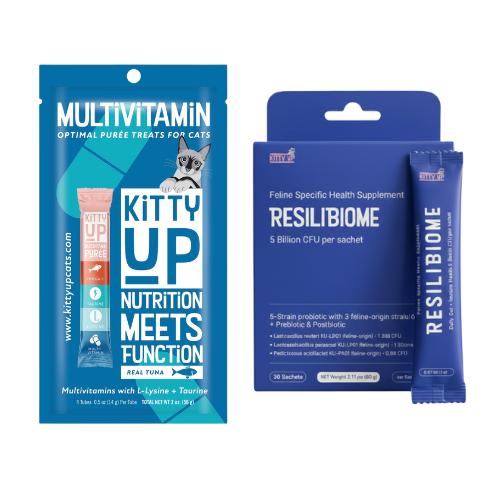Kitty Up cat health supplement set featuring a blue Multivitamin pouch on the left and a blue Resilibiome probiotic sachet with its retail box on the right, both on a white background.