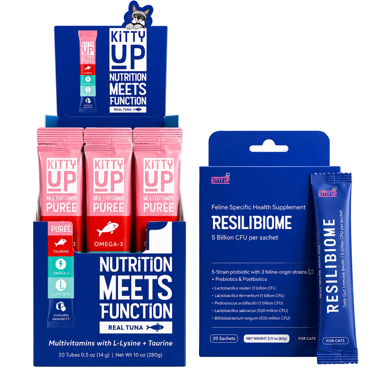 Kitty Up Daily Wellness Bundle featuring ResiliBiome probiotic supplement and Multivitamin tuna puree for gut health, immune support, and daily nutrition for cats.