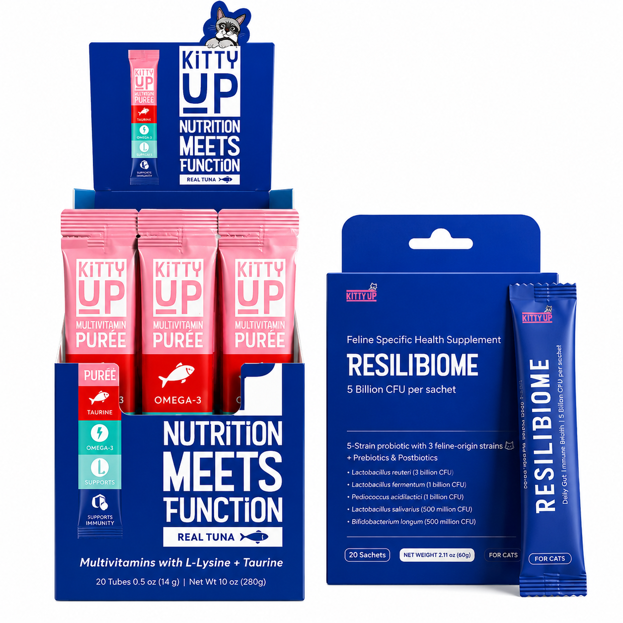 Kitty Up Daily Wellness Bundle featuring ResiliBiome probiotic supplement and Multivitamin tuna puree for gut health, immune support, and daily nutrition for cats.