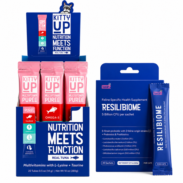 Kitty Up Daily Wellness Bundle featuring ResiliBiome probiotic supplement and Multivitamin tuna puree for gut health, immune support, and daily nutrition for cats.