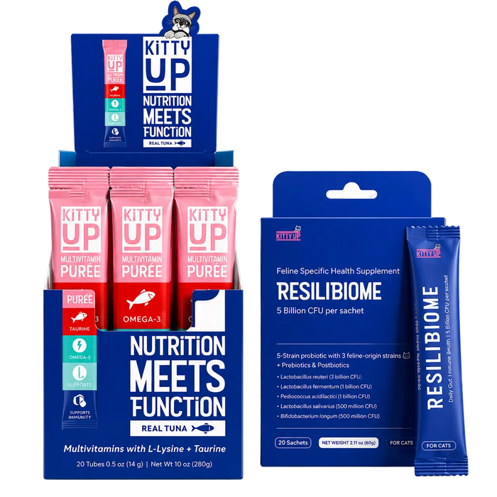 Kitty Up Daily Wellness Bundle featuring ResiliBiome probiotic supplement and Multivitamin tuna puree for gut health, immune support, and daily nutrition for cats.