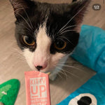 A tuxedo cat eating a Kitty Up's Multivitamin Optimal Puree.
