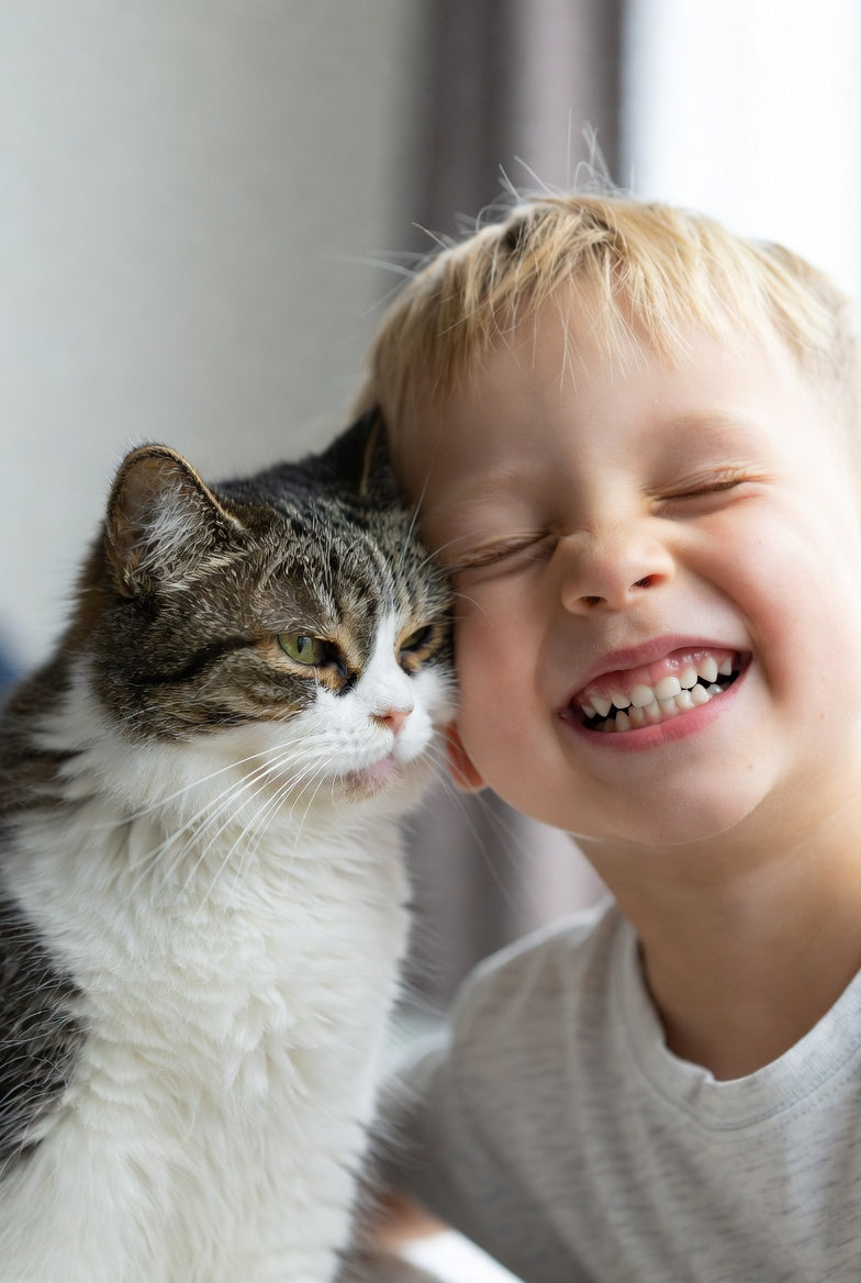Close-up of a child grinning while snuggling next to a gray-and-white cat.