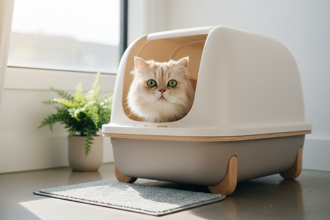 Cat peeking out from a modern cat litter box in a bright room with a plant in the background.