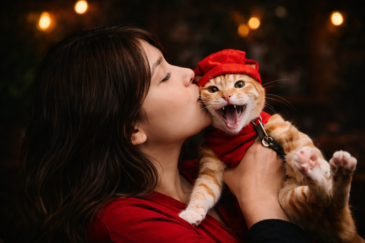 Orange tabby cat in a red outfit being held and kissed, with a warm dark blurred background.