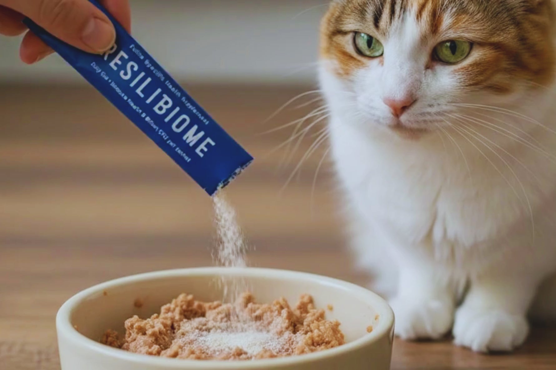 Close-up of Resilibiome probiotic being sprinkled onto wet cat food as an orange-and-white cat waits nearby.