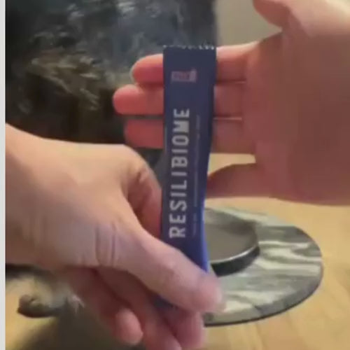 A video of a person pouring Kitty Up ResiliBiome Gut + Immune Health into a silver plate and a tabby cat licking it up.