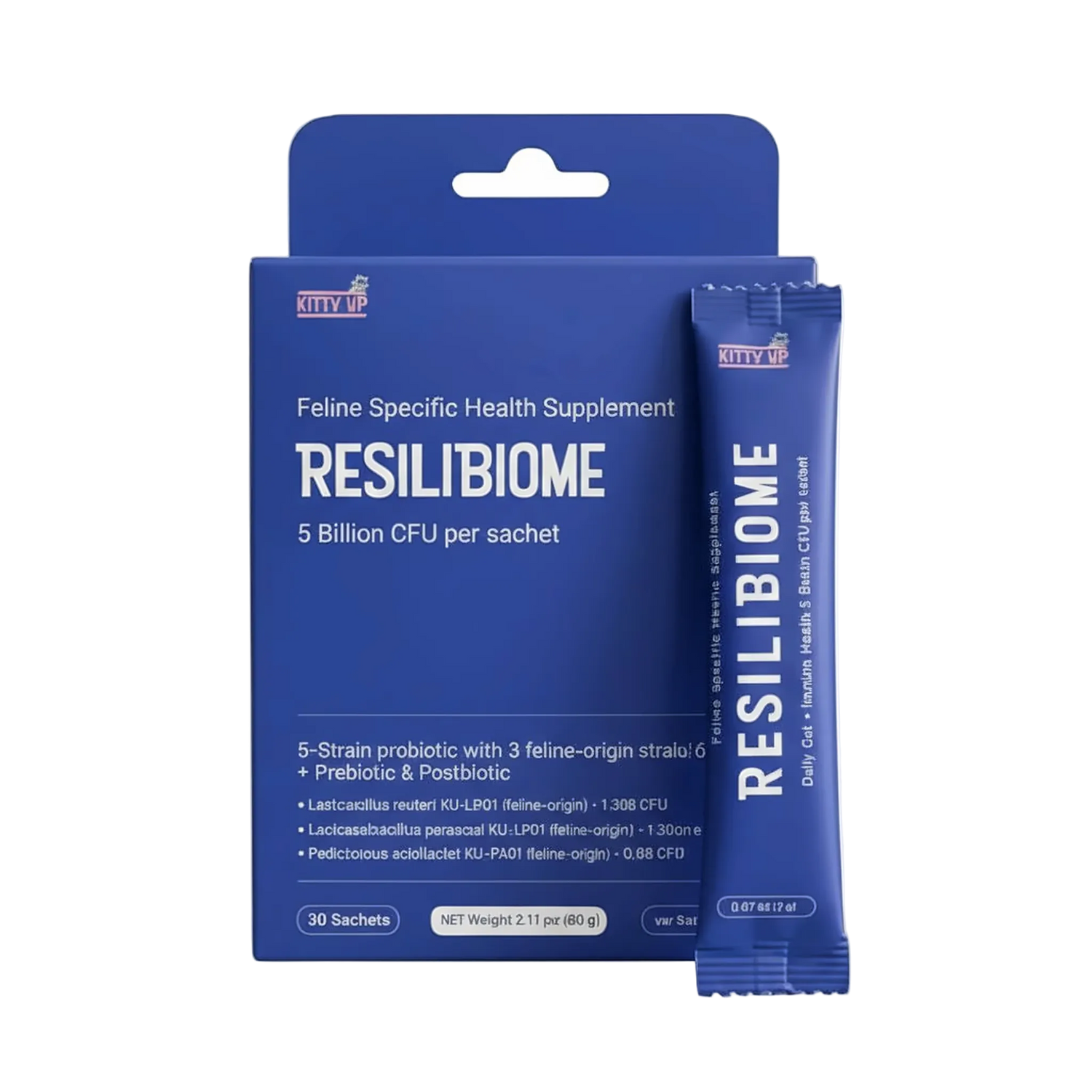 Resilibiome feline specific health supplement packaging on a white background